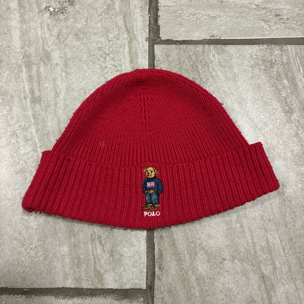 Polo Ralph Lauren Red American Flag Bear Knit Unisex Cotton/Wool Beanie OS